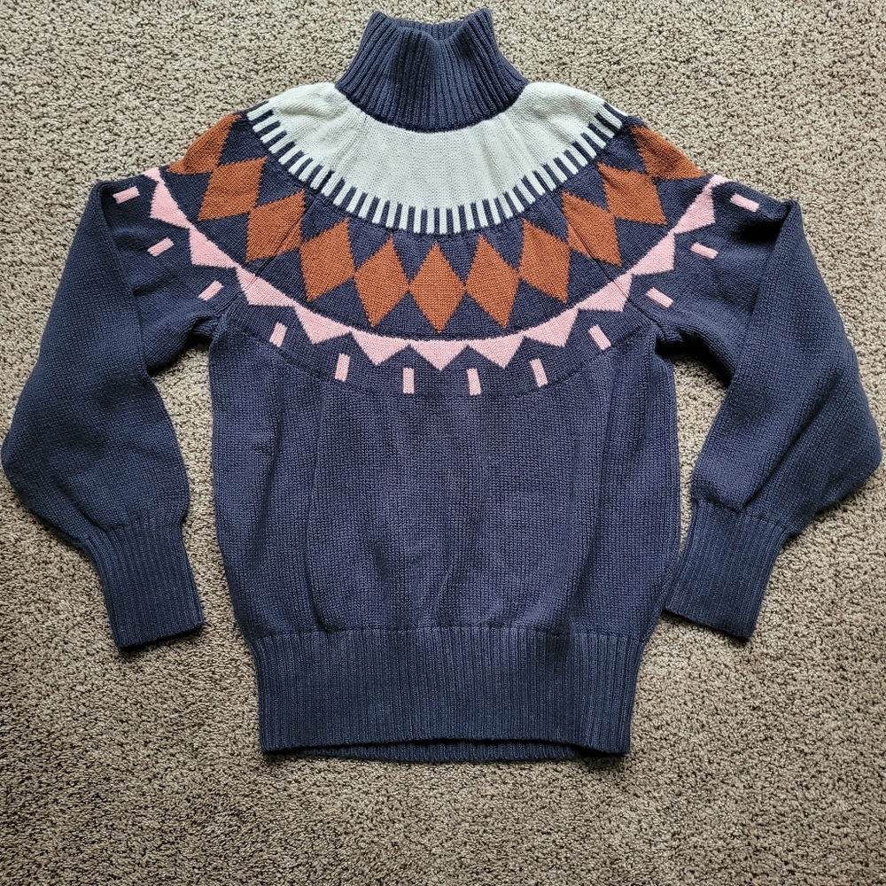 Free Assembly Womens Sweater M Mock Turtleneck Fair Isle Wool Blend Blue Diamond